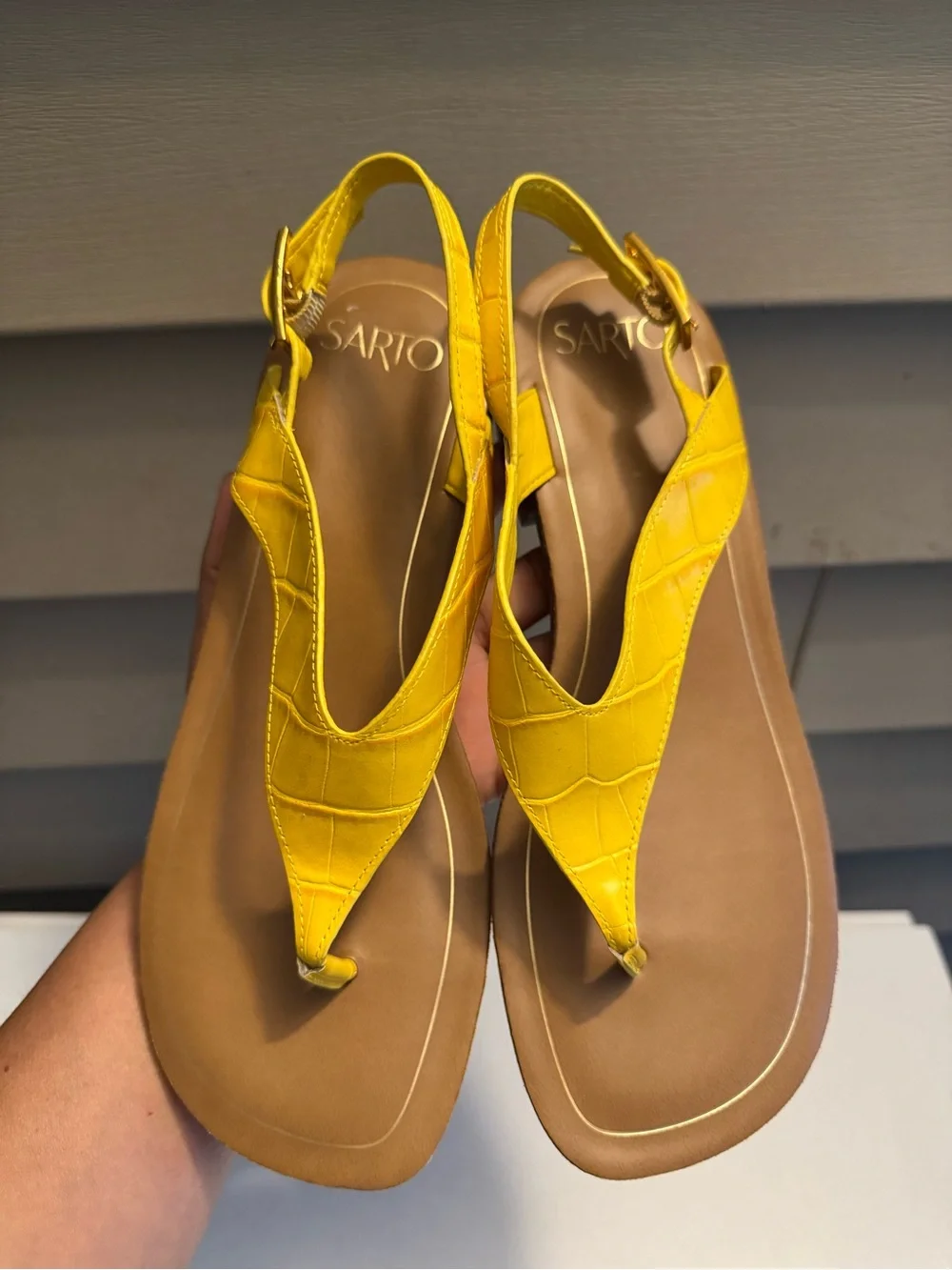 iris Yellow Croc-Texture Thong Slingback Sandals